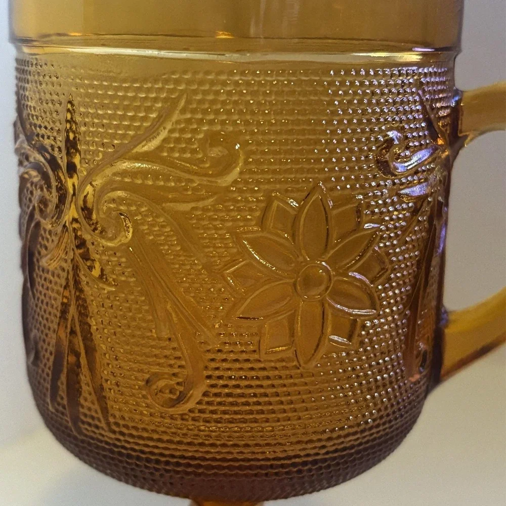 Vintage Tiara Amber Indiana Sandwich Pattern Glass Handled Goblet